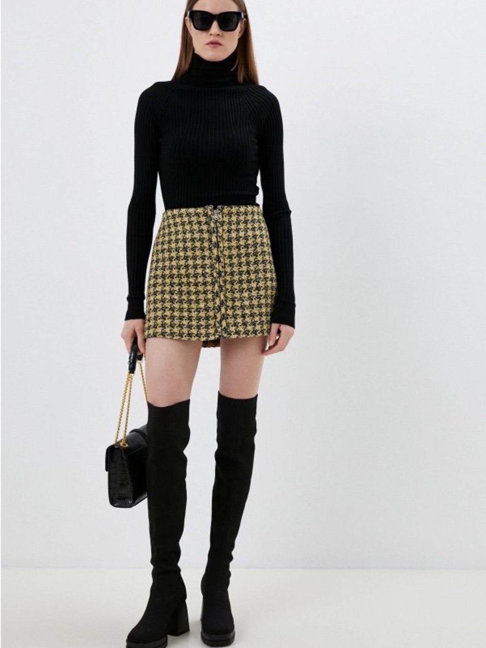 Mango Houndstooth Tweed Mini Skirt in Yellow
